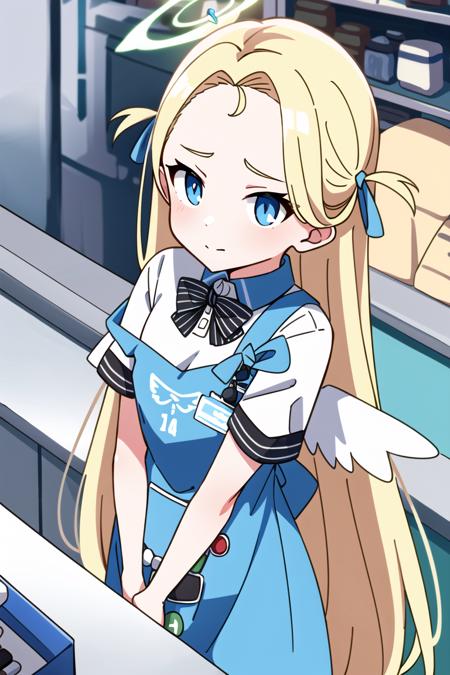 <lora:Sora:0.8>, sora, 1girl, solo, long hair, blue eyes, blonde hair, shirt, bow, ribbon, very long hair, hair ribbon, white shirt, short sleeves, wings, striped, collared shirt, bowtie, apron, two side up, black bow, halo, blue ribbon, forehead, striped bow, white wings, id card, blue apron