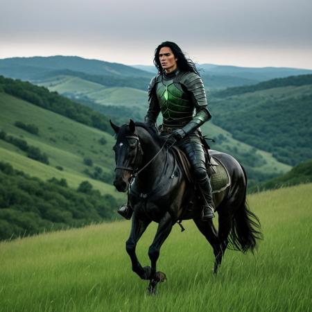 The handsome warrior's waist long black hair falls in unruly waves around his chiseled features and down his back; his face is narrow with high cheekbones, handsome despite the scars running downthe cheek from his right brow , ending near his finely shaped mouth. his intense green eyes scan the horizon for the enemy troops' movements. His battle scars tell the story of his many victories and the fierce determination that drives him, making him a leader worthy of the name. He stands tall upon the hill, his broad strong hand on the hilt of his elegant sword. His armour is matte black, perfectly made of leather and steel, but used and worn through many battles. behind him, the hills rise higher and higher into wooded mountains on the far horizon. Full body image, wide angle shot, cinematic, volumetric lighting, dramatic lighting; clear focus, 8k resolution splash screen art photorealistic anatomy,