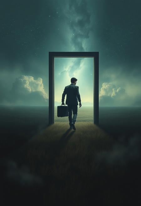 A man carrying a suitcase, stepping through a doorway in the middle of an open field, leading into the night sky,
surreal atmospheric fantasy, misty vast landscapes, dreamlike realism, floating objects, lone mysterious figures, symbolic surrealism, poetic stillness, soft diffused lighting, intricate painterly textures, deep muted color palette, enigmatic surreal dreamscape