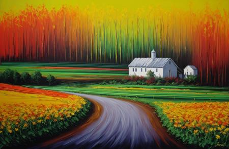 (style of Josh Adamski:1.2), scene painting,scenery,a painting, patch ,farm ,boscage ,parcel ,garden , Forest ,