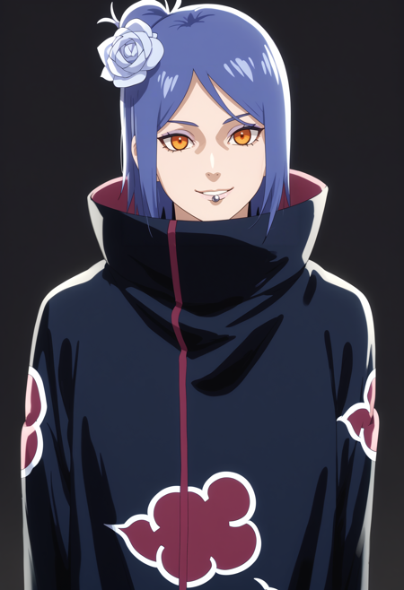 1girl, konan, blue hair, single hair bun, orange eyes, hair flower, lip piercing high collar, long sleeves,cloak, toeless footwear, nail polish