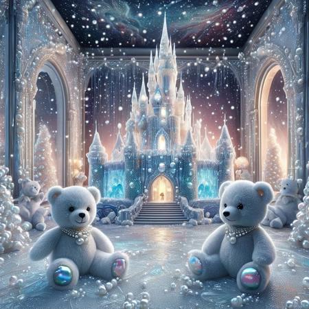 Pearlum,
8k, score_9, score_8_up, score_7_up,
masterpiece,realistic,ultra detailed, vibrant colors,photo-realistic,
A majestic ice castle with pearlescent glowing walls, iridescent reflections on translucent ice, intricate pearl-like patterns, adorable teddy bears dancing joyfully in a grand hall, teddy bears with pearl necklaces and glowing button eyes, snowflakes falling gently, ethereal and warm atmosphere, starry night sky visible through ice windows, cinematic lighting, ultra-detailed, fantasy, whimsical and mystical
