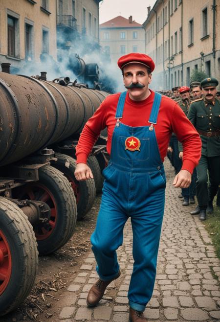 ((Film poster , dynamic photograph from a colorized, 1936 Soviet live action film titled (" братя супер марио" )) , ((about a short fat Italian proletarian plummer wearing (a big bushy moustache), (blue overalls), (red shirt) , (a big red cap that has the letter "М"  seen printed on the front)),  ((the short fat Italian proletarian plummer wearing (a big bushy moustache), (blue overalls), (red shirt) , (a big red cap that has the letter "М"  seen printed on the front),  travels through green pipes and smash big brown bricks, in a magical kingdom)) , ((the short fat Italian proletarian plummer wearing (a big bushy moustache), (blue overalls), (red shirt) , (a big red cap that has the letter "М"  seen printed on the front), is seen saving a (blonde woman in a dress)), ((the blonde woman in a dress) is seen being rescued by the short fat Italian proletarian plummer wearing (a big bushy moustache), (blue overalls), (red shirt) , (a big red cap that has the letter "М"  seen printed on the front)),  
[(Cinematic still), (photograph from a 1936 soviet film) (using 35mm, agfacolor film stock), (using State Optical Institute cine lenses),  ((colorized with the 1936 style Bipack colourisation method)) (Communist Soviet Heroism) , ( Sovietpunk superheroes)]