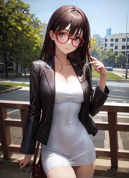 masterpiece, best quality, ultra-detailed, illustration, 1girl, solo, looking at viewer, <lora:round_glasses-v17h:1>, red-framed eyewear, outdoors, fashion, cowboy shot