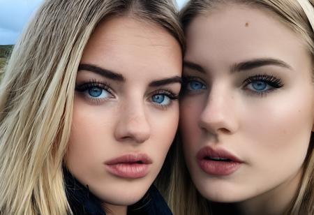 onlfnmdxlrd, looking at viewer, multiple girls, 2girls, upper body, parted lips, realistic, hand on own chin, k-pop 24 year old, gigantic breasts, Blond fringe, Faroe Islander real world location, grey-blue eyes, fair skinned, best quality, RAW photo, subject, 8k uhd, high quality, photorealistic, affluential, Low-angle shot <lora:onlfnmdXLrd:1>