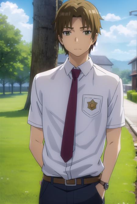 atsumumatsuyuki, <lora:atsumu matsuyuki s1-lora-nochekaiser:1>,
atsumu matsuyuki, brown hair, (brown eyes:1.3), male focus,
BREAK shirt, school uniform, white shirt, short sleeves, necktie, collared shirt, belt, pants, red necktie, watch, wristwatch,
BREAK outdoors, house, fields, grass, sky, sun, clouds,
BREAK looking at viewer, (cowboy shot:1.5),
BREAK <lyco:GoodHands-beta2:1>, (masterpiece:1.2), best quality, high resolution, unity 8k wallpaper, (illustration:0.8), (beautiful detailed eyes:1.6), extremely detailed face, perfect lighting, extremely detailed CG, (perfect hands, perfect anatomy),