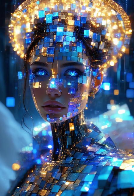 cyber-divine woman with fragmented digital face dissolving into floating cubes, glowing blue eyes, wearing an ornate bejeweled crown and shimmering robes, cosmic golden halo behind her, blend of futuristic ai and sacred queenly iconography, surreal, majestic, and transcendent beauty.
<lora:FLUX-daubrez-DB4RZ-v2:0.55> <lora:Sinfully_Stylish_.02_for_FLUX:0.35> <lora:dystopia:0.6>