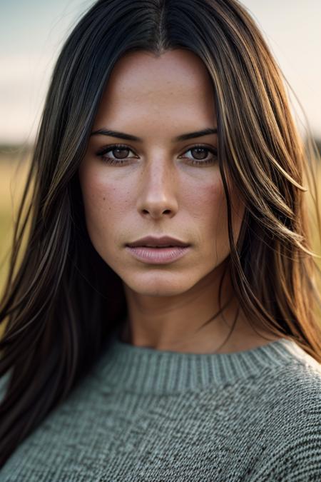 beautiful woman (rhonam1tra:.99), beautiful hair, ((portrait)), (closeup:1.2), ((from the waist up)), posing for a picture ((in a grassy field:1.2)) , natural skin texture, (wearing a black sweater:1.2), 24mm, 4k textures, soft cinematic light, adobe lightroom, photolab, hdr, intricate, elegant, highly detailed, sharp focus, ((((cinematic look)))), soothing tones, insane details, intricate details, hyperdetailed, low contrast, soft cinematic light, exposure blend, hdr, now, ("I've got a bad feeling about this.":1.1)