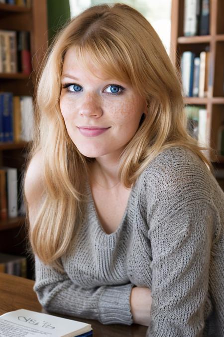 a photo of a (beautiful:1.2) (cute:1.2) (curvy:0.8) 25 year old blonde wo_miasol01 sitting at a table, wearing a dark gray sweater, hair behind one shoulder, looking at the camera, book on the table, library, blue eyes, (smiling:0.7), (detailed skin:1.2), <lora:woMiaSol01:1>