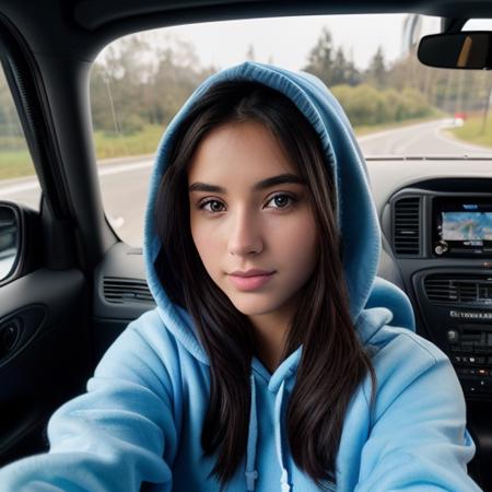 RAW photo, a 22-year-old-girl, upper body, selfie in a car, blue hoodie, inside a car, driving, (lipstick:0.7), soft lighting, high quality, highres, sharp focus, extremely detailed, (sunlight on face), beautiful detailed eyes, masterpiece, cinematic lighting, dslr, Fujifilm XT3, award-winning, highres, extremely detailed, 8k photo, best quality, intricate details, realistic, gorgeous, hyperdetailed, grainy, high quality, (((professional))), canon 5d