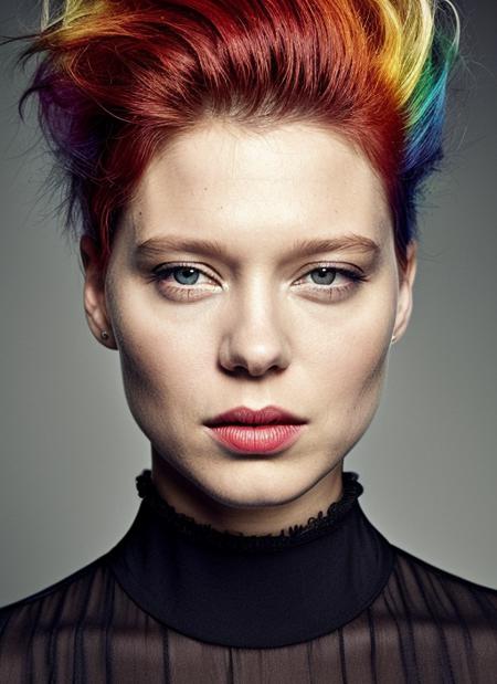 portrait of sks woman by Flora Borsi, style by Flora Borsi, bold, bright colours, rainbow Mohawk haircut, ((Flora Borsi)), <lora:locon_leaseydoux_v1_from_v1_64_32:1>