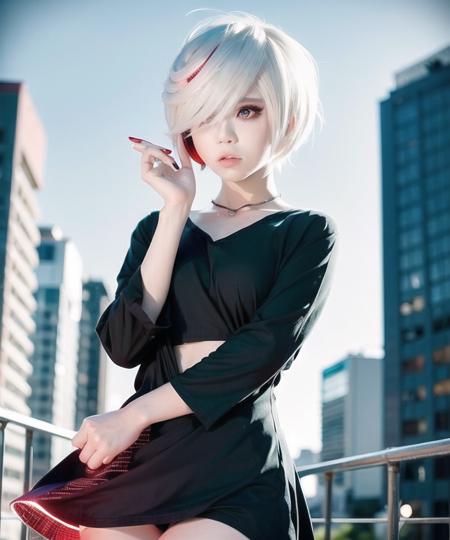 1girl, sageai, red eyes, white hair, short hair, hair_over_one_eye, black dress, city, (ulzzang-6500:1.0) <lora:sageai-ss-6400-200:1>