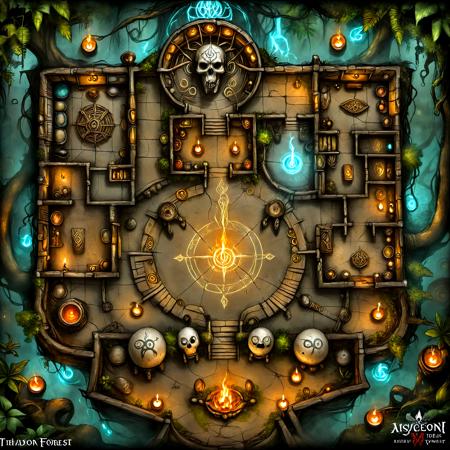 masterpiece, high quality, BREAK top-down view, large map, Table, Interior, Dungeon, Map, Floor Plan, indoors, distinct pathways, doors, entrances, exits, ramps, stairs, voodoo magic, dark ritual, swamp, eerie atmosphere, glowing candles, tribal masks, bone decorations, cursed symbols, wooden huts, hanging skulls, misty air, shadowy figures, ancient totems, ritual circle, flickering torches, overgrown trees, murky water, twisted vines, sacred ground, dark magic, enchanted forest, eerie fog, ceremonial altar, shamanic symbols, runic carvings, creepy dolls, bubbling cauldrons, fetishes, haunted, thick vegetation, ritualistic objects, mysterious energy, glowing sigils, deep shadows, <lora:DD_Table_RPG:0.5>, <lora:SDXLFaeTastic2400:1>, <lora:JJsFloorPlan_XL:1> <lora:ral-vudu-sdxl:0.5> ral-vudu