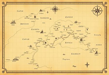 Clean map of a vast fantasy world with an old, vintage feel. Minimalist design, aged parchment texture, delicate borders. Elegant calligraphy for labels, classic cartography style. Smooth coastlines, gentle rivers, soft hills, a few mountains and forests. Small towns, castles, and ports marked with basic icons. Intricate compass rose, subtle grid lines. Muted colors, sepia tones, and faded ink for an ancient, timeworn appearance. Map exudes an air of history and elegance, like an artifact from a forgotten era.