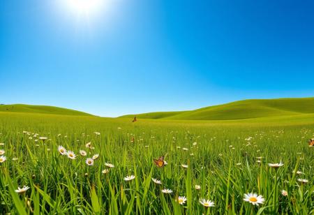 A peaceful grassy field under bright blue skies, golden sunlight streaming down, scattered daisies and butterflies creating a playful vibe, a gentle breeze rustling through the grass, serene and calming ambiance, inviting nature scene with rolling hills in the background, balanced composition, 8k,