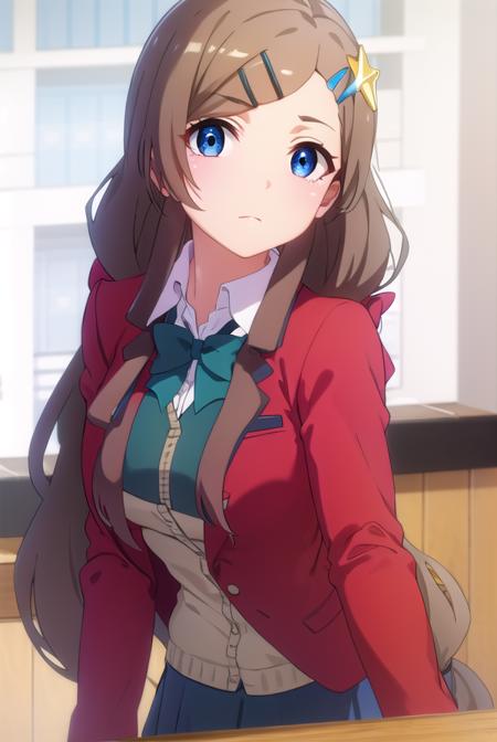 airiseto, <lora:airi seto s2-lora-nochekaiser:1>,
airi seto, long hair, blue eyes, brown hair, hair ornament, very long hair, hairclip, star \(symbol\), star hair ornament,
BREAK skirt, bow, school uniform, jacket, cardigan, blue skirt, (red jacket:1.2),
BREAK indoors, classroom,
BREAK looking at viewer, ()
BREAK <lyco:GoodHands-beta2:1>, (masterpiece:1.2), best quality, high resolution, unity 8k wallpaper, (illustration:0.8), (beautiful detailed eyes:1.6), extremely detailed face, perfect lighting, extremely detailed CG, (perfect hands, perfect anatomy),