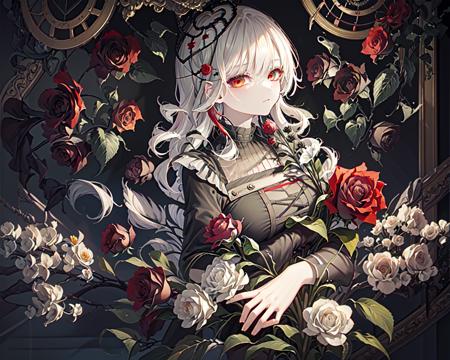 (best quality, masterpiece), (1girl, solo, black dress, standing , looking at viewer, white hair, red eyes, holding rose, closed mouth, upper body), (red dreamcatcher behind, red flower, )