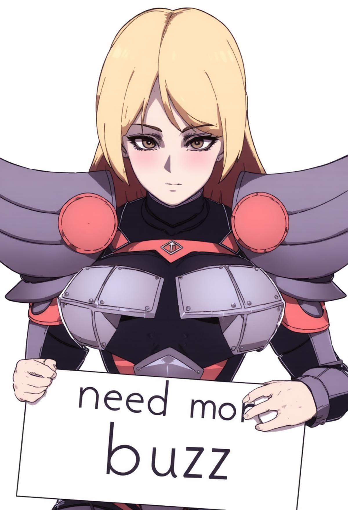 Highly detailed anime style picture, waist up portrait shot of a woman wearing metal medieval knight armor, breast plates and metal shoulder pads, blonde hair and black eyes, white background, holding a sign that says "need more buzz" <lora:D-ART-18dart5[Flux]:1>