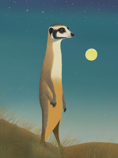 <lyco:TracieGrimwood:1.0> An illustration by Tracie Grimwood. A beautiful illustration of a [curious meerkat standing on its hind legs, its eyes scanning the horizon for danger]