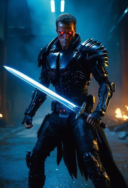 centered, hyperrealism, 3D, CGI render, Cyberpunk Warrior in Dark Armor Wields Malicious Blade, A battle-hardened warrior clad in dark armor grasps a pitch-black blade radiating malevolent energy, surrounded by ghostly apparitions and an ominous aura reminiscent of dark fantasy art, terminator, Cinematic film still, shot on v-raptor XL, film grain, vignette, color graded, post-processed, cinematic lighting, 35mm film, live-action, best quality, atmospheric, a masterpiece, epic, stunning, dramatic, sharp focus, high quality, 32K, follow negative prompts,