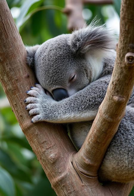 koala sleeping on a tree, close up