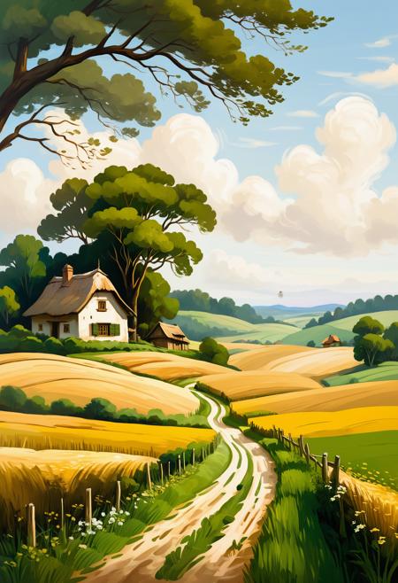 A serene summer landscape painted in the style of 19th-century classical realism: golden wheat fields swaying in a gentle breeze, a dirt path leading to a rustic wooden cottage with a thatched roof. In the background, a deep green forest meets a vast sky filled with soft cumulus clouds. A herd of cows grazes in the distance, while an old fisherman in a wide-brimmed hat sits by a quiet stream. Earthy color palette with warm sunlight, delicate brushwork, and naturalistic chiaroscuro. Evokes the pastoral tranquility of Jean-Baptiste-Camille Corot or Ivan Shishkin’s masterpieces—soft edges, atmospheric depth, and timeless harmony with nature