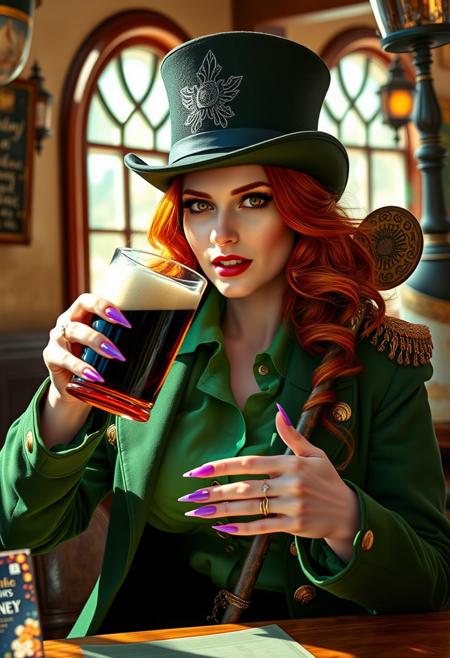 a feminine clurichaun, copper hair, drinking a pint of stout, in a country pub, fangs, Brightly coloured long finger nails, translucent green shirt, green military coat gold buttons Epaulettes, sunshine, large ornate shillelagh, top hat