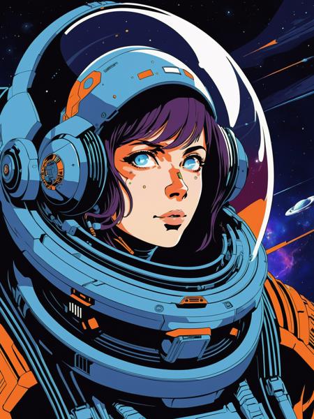 graphical anime portrait of A plucky space explorer, traversing the cosmos:1.3, in a futuristic starship:1.3, with a sense of wonder:1.3, sporting a spacesuit:1.3, and a mission to chart the unknown:1.3., Futurism , <lora:Fusion_Graphic_SDXL:1>