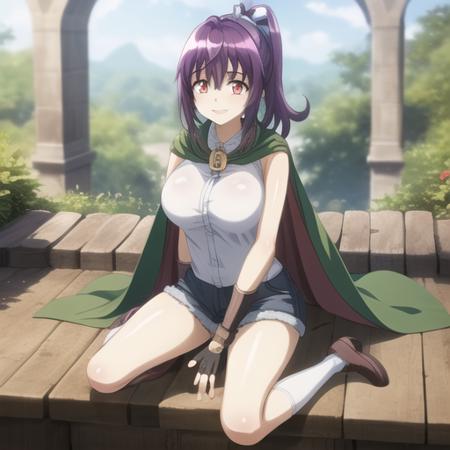 (masterpiece, best quality:1.2),illustration,8k,hd,1girl,solo,large breasts,purple hair,ponytail,smile,long hair,shirt,cape,red eyes,fingerless gloves,denim shorts,hair between eyes,hair ribbon,white legwear,brown footwear,<lora:Irari-V1>,