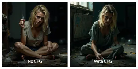 Flux with CFG, negative prompt and late noise injection