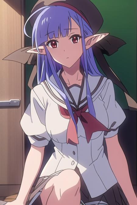 shufflenerine, <lyco:nerine-LYCORIStest:1>,
nerine, long hair, blue hair, pointy ears, (red eyes:1.5),
BREAK skirt, hat, school uniform, short sleeves, socks, puffy sleeves, puffy short sleeves, beret,
BREAK looking at viewer,
BREAK indoors, classroom, 
BREAK <lora:GoodHands-vanilla:1>, (masterpiece:1.2), best quality, high resolution, unity 8k wallpaper, (illustration:0.8), (beautiful detailed eyes:1.6), extremely detailed face, perfect lighting, extremely detailed CG, (perfect hands, perfect anatomy),