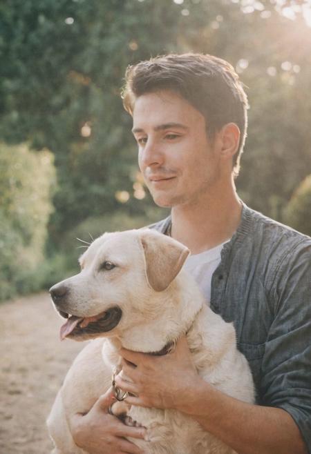 cinematic film still fashion photography portrait of 1man with dog as companion, grainy, headshot, sunlight , Fine Art & Beauty Photography – ,,light diffraction in frame, dreamy,hazy look.  Helios 44-2 lens mounted on a Praktica MTL 5B Helios 44M-4 lens, 58mm f/2,   in a garden. authentic happy smile