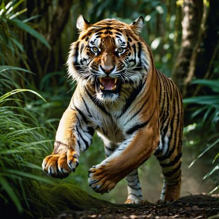 Powerful tiger in mid-pounce, intense, piercing eyes locked on prey, fully extended claws, dynamic muscle tension, deep jungle setting, stark contrast between bright fur and dark foliage, heightened sense of motion, imminent attack captured, detailed fur texture, foreboding shadows, atmospheric jungle light, heightened realism, Kodak film quality, 8K UHD sharpness.