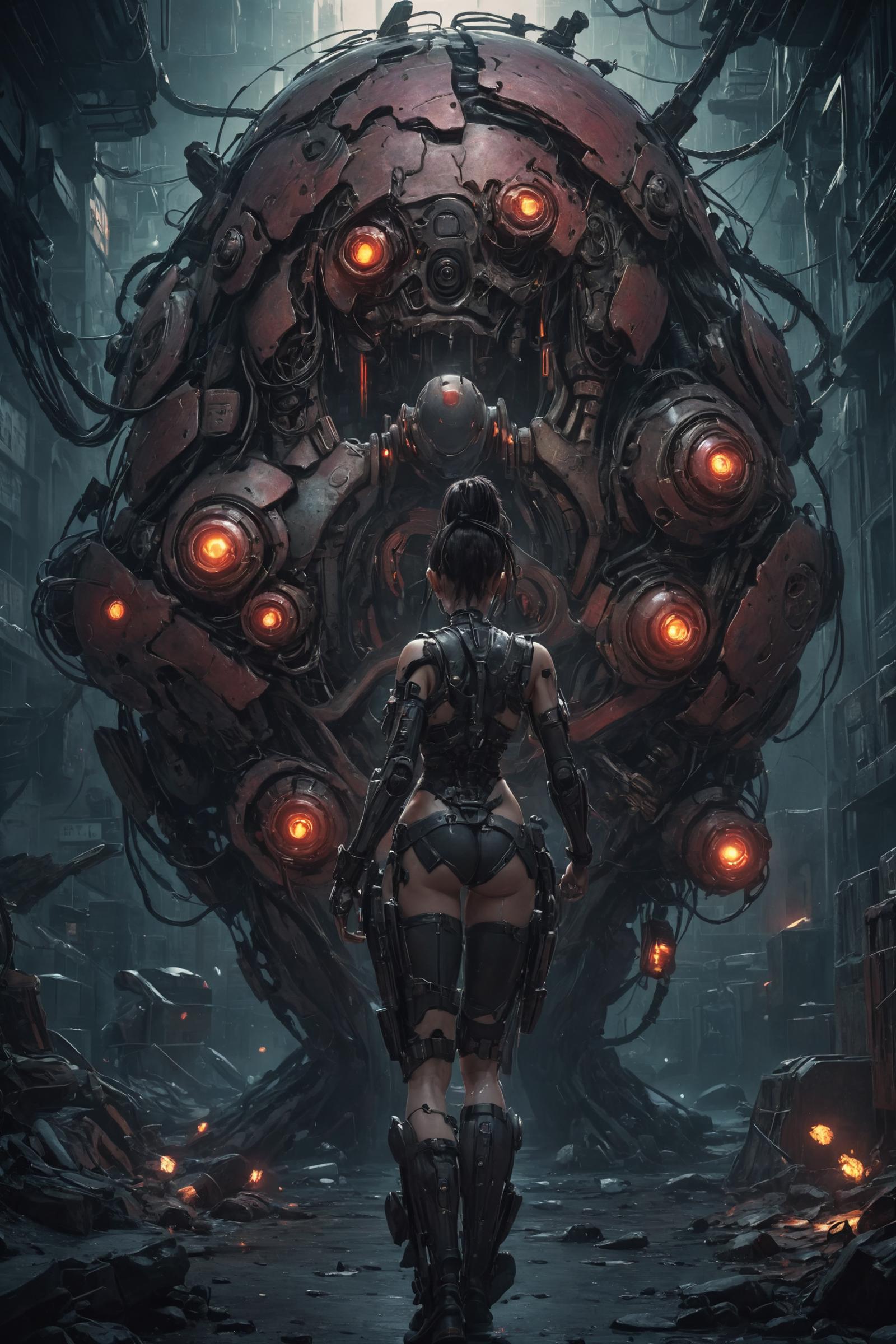 Woman Walking Through a Mechanical Maze in a Cyberpunk World.
