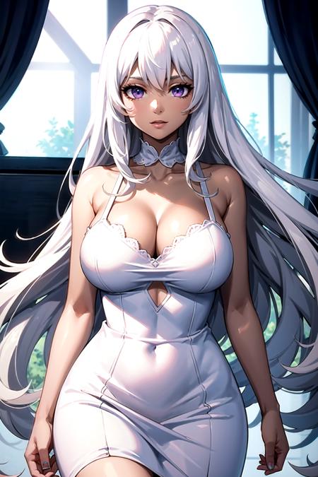 <lora:pc_chan:1>,pc_chan,purple eyes,large breasts,dark skin,white hair,long hair,white dress,cleavage,