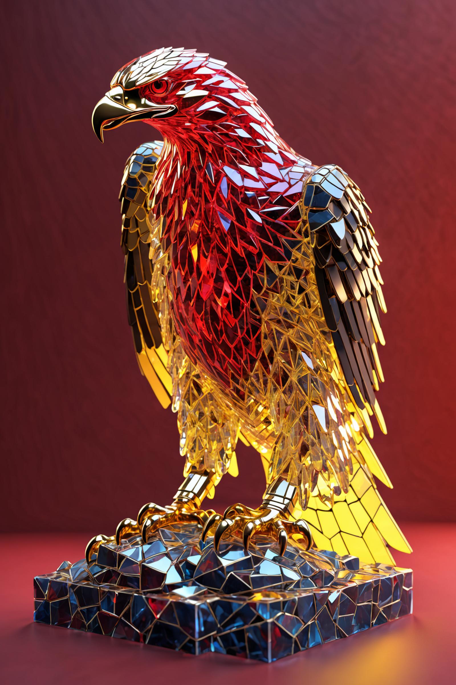 A golden bird statue with a red and gold body, sitting on a pile of mirrored glass.