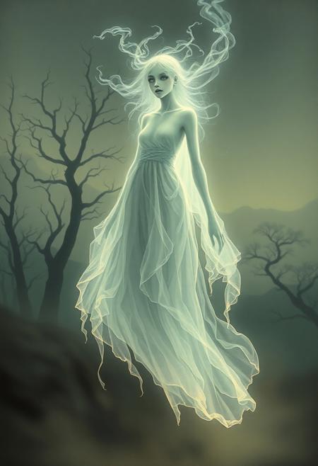 A ghostly apparition drifts through a surreal landscape, its translucent form ethereal and wispy, almost like smoke dissipating into the air. The figure is humanoid, with elongated limbs and flowing, tattered robes that trail behind in a ghostly mist. The face is hauntingly beautiful, yet unsettling, with hollow, glowing eyes and delicate, otherworldly features. The background is a dreamlike scene—faded, muted colors with a touch of eerie luminescence, where trees twist unnaturally, and the horizon blends into a soft haze. The style evokes Yoshitaka Amano's ethereal elegance, with finely detailed lines and a soft, painterly touch, while Esao Andrews' influence brings in a darker, surreal atmosphere, with subtle hints of decay and distortion. The ghost seems to float between realms, a blend of beauty and horror, its presence both enchanting and unnerving.