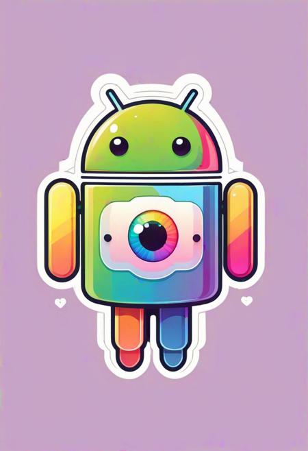 Vector art sticker design, (Cute kawaii android character:1.3), Vibrant rainbow motif, Flat color palette, Eye-catching simplicity, Soft edges, Playful expressions, Whimsical accessories, (Infinite charm:1.2).