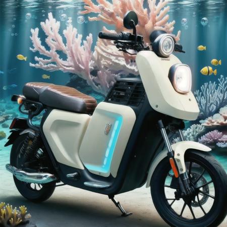 masterpiece, best quality, ultra-detailed, illustration,motorcycle, solo, motor vehicle, underwater, surrounded by bubbles, dark light, underwater light, coral reef <lora:motor:0.8>