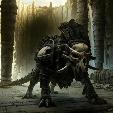 T-Rex, giant, skull, glowing eyes, made of stone, big teeth, small arms, ruins, detailed,