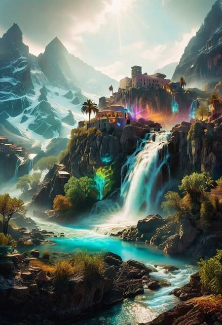 (by Ellen Jewett:1.5), (Bioluminescent Impressionism, Egyptian landscape, The Dreamland,, magic their peaks veiled in mist. mixed media, surrealism, great lighting, A surreal landscape highly detailed . extremely high-resolution details,  appears trapped in an optical illusion of reflections and refractions colorful ,magica  mountains and village in Turkey, professional photography, natural lighting, volumetric lighting maximalist. intricately detailed, complex, elegant, expansive, fantastical, waterfall, ethereal landscapes, depth of field, biotech emotion:1.3) <lora:xl_more_art-full_v1:0.5> <lora:add-detail-xl:1> <lora:RMSDXL_Creative:2>. GhostlyStyle