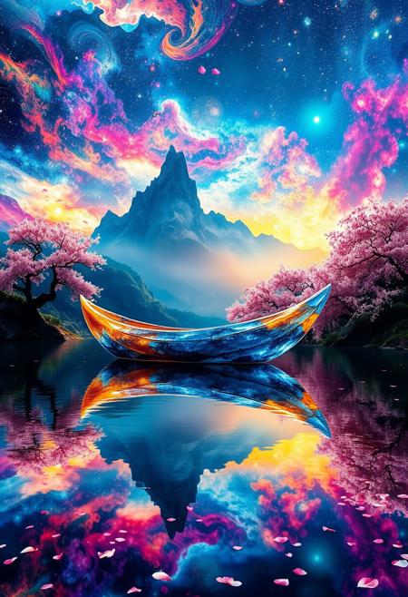 In a surreal and mystical landscape, a tranquil lake mirrors the vibrant, otherworldly colors of the surrounding dreamscape. An ancient Japanese boat, seemingly made of shimmering, translucent crystal, floats effortlessly on the water. The boat's surface refracts the surreal sunlight, casting iridescent patterns across the lake like a living mosaic. Towering, jagged mountains rise majestically in the background, their peaks piercing a sky that swirls with cosmic energy, where stars and galaxies blend with vibrant nebulae. Cherry blossom trees line the shore, their blossoms glowing with an inner light that pulses in sync with the rhythm of the universe. As the petals fall, they dissolve into particles of pure energy, merging with the lake’s surface, which appears to ripple with hidden dimensions. The reflections on the water intertwine with the cosmic elements in the sky, creating a portal-like effect that hints at worlds beyond our perception. The entire scene feels as though it exists on the edge of reality, where the boundaries between the natural and the supernatural blur into a harmonious, yet utterly surreal vision of tranquility and beauty.