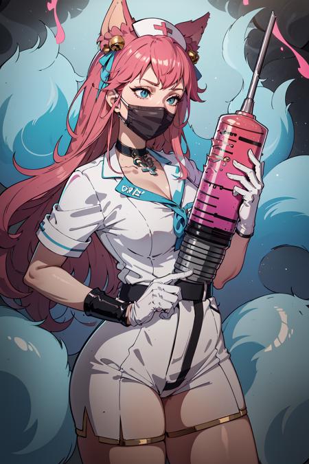 masterpiece, best quality, IncrsAhriSD, fox tail, multiple tails, <lora:AhriSpiritBlossom:0.9>, holding syringe, large syringe, black choker, mouth mask, surgical mask, gloves, (nurse:1.1), nurse cap, <lora:Outfit_HoldingLargeSyringe:1>