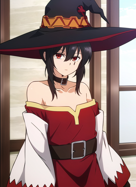 mashle <lora:mashle_offset:1.3>, masterpiece, best quality, megumin, 1girl, bare shoulders, black cape, black gloves, black hair, cape, choker, collarbone, dress, hair between eyes, hat, long sleeves, looking at viewer, medium hair, off-shoulder dress, off shoulder, red dress, red eyes, sidelocks, solo, witch hat, indoors