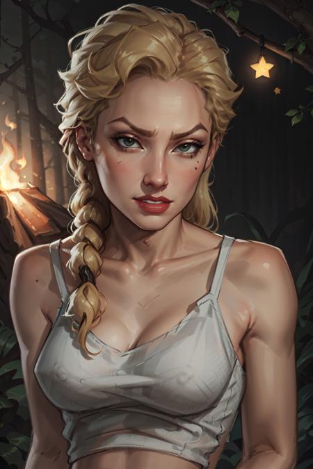 1girl, portrait of sinclair, parted lips, evil smirk, white tank top, night, stars, forest, campfire, looking at viewer, volumetric lighting, best quality, masterpiece, realistic, <lora:sxz-helga-sinclair-v6:0.8>