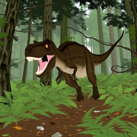 cel_shading,a tyrannosaurus running with its mouth open through an ancient forest with ferns and ginko trees. 