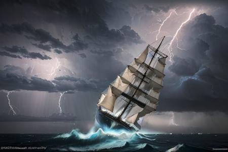 sailboat, storm, lightning, clouds, HDR (High Dynamic Range), Ivan Aivazovsky, Maximum Clarity And Sharpness, Multi-Layered Textures,nightsky background,