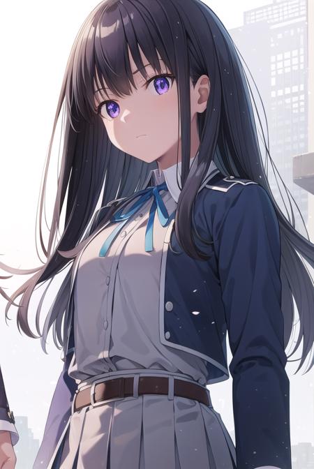 takinainoue, <lyco:takinainouechickeiii-lyco-nochekaiser:1>, 
inoue takina, long hair, bangs, black hair, (purple eyes:1.2), 
BREAK shirt, long sleeves, dress, ribbon, school uniform, white shirt, collared shirt, belt, neck ribbon, blue dress, green ribbon, pleated dress, grey dress, two-tone dress, blue belt, lycoris uniform, 
BREAK looking at viewer, (cowboy shot:1.5),
BREAK outdoors, city,
BREAK <lyco:GoodHands-beta2:1>, (masterpiece:1.2), best quality, high resolution, unity 8k wallpaper, (illustration:0.8), (beautiful detailed eyes:1.6), extremely detailed face, perfect lighting, extremely detailed CG, (perfect hands, perfect anatomy),