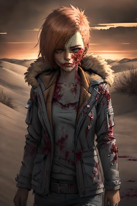 minervatwd jacket fur trim red hair freckles facial bite blood on clothes blood on face