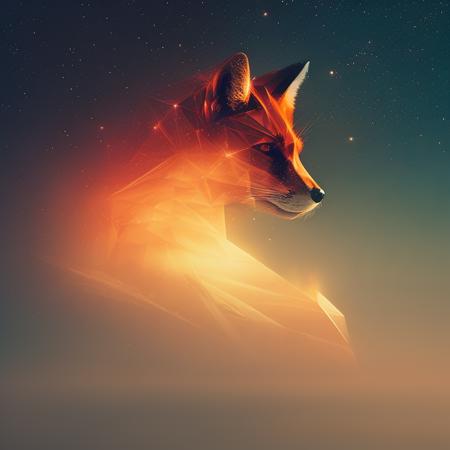 fox head,fire and stars,dblx, lens flare, volumetric lighting, hasselblad, extremely detailed